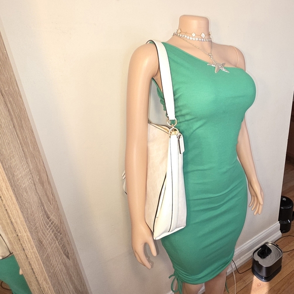 ☆Green One Shoulder Ruched Ribbed Bodycon Dress☆ - Picture 2 of 4